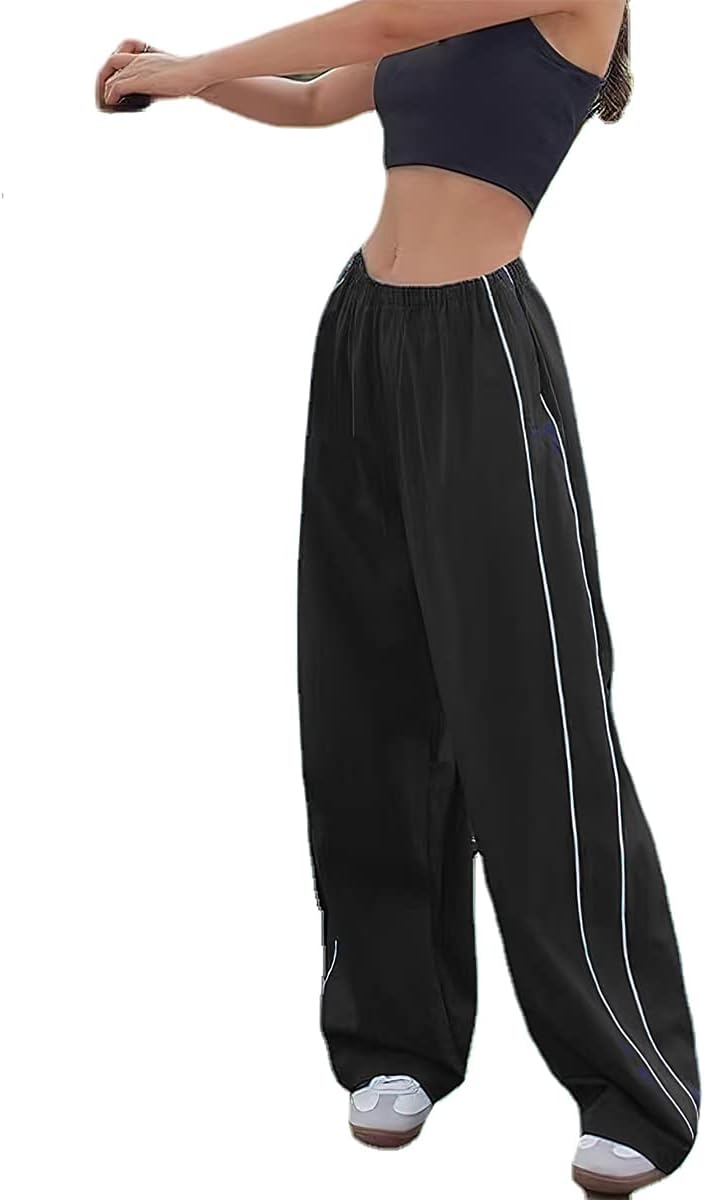 Women's Athletic Pants – Loose-Fit Parachute Pants – Y2K Style Trousers (Black, Size S)
