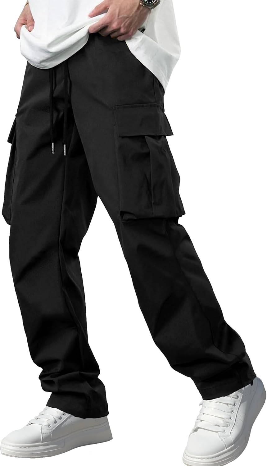 Men's Casual Cargo Pants / Joggers / Stretch Sweatpants (Multi-pocket design, Black)