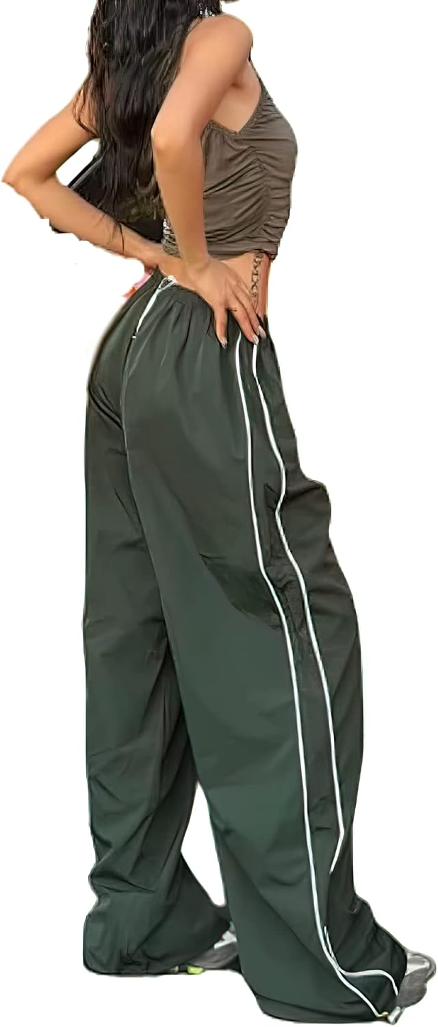 Women's Athletic Pants – Loose-Fit Parachute Pants – Y2K Style Trousers (Black, Size S)