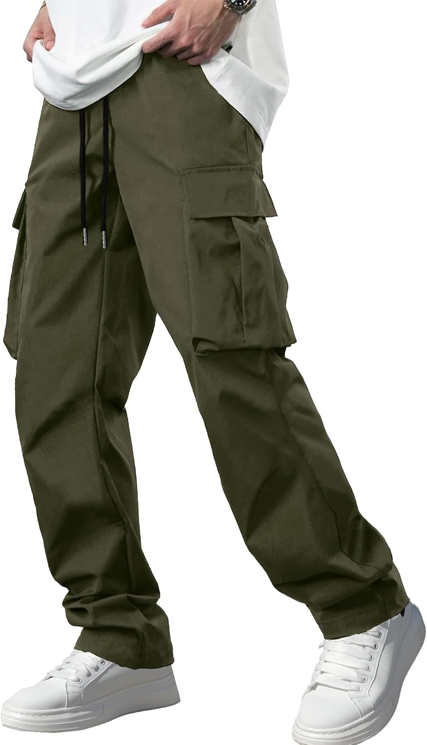 Men's Casual Cargo Pants / Joggers / Stretch Sweatpants (Multi-pocket design, Black)