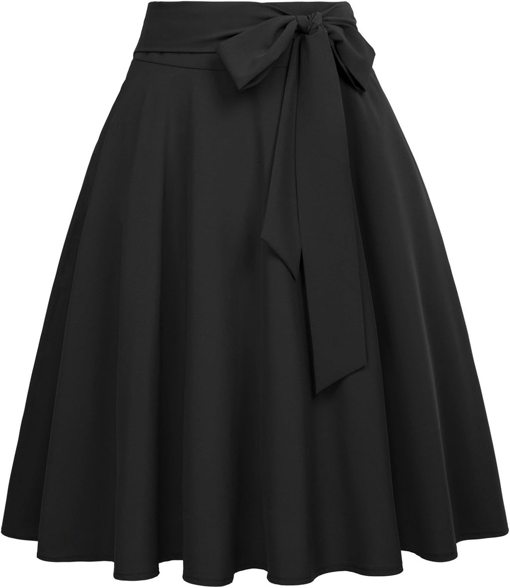 Women's High-Waisted A-Line Street-Style Pleated Midi Skirt (Black-1, Size S, BP561-1)
