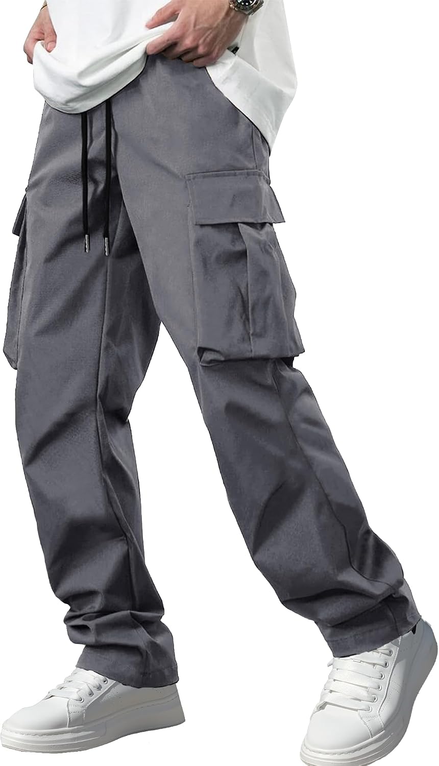Men's Casual Cargo Pants / Joggers / Stretch Sweatpants (Multi-pocket design, Black)
