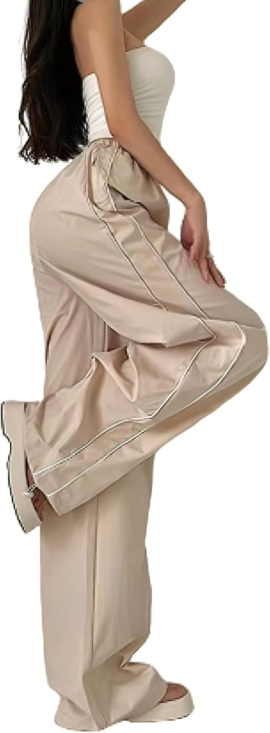 Women's Athletic Pants – Loose-Fit Parachute Pants – Y2K Style Trousers (Black, Size S)