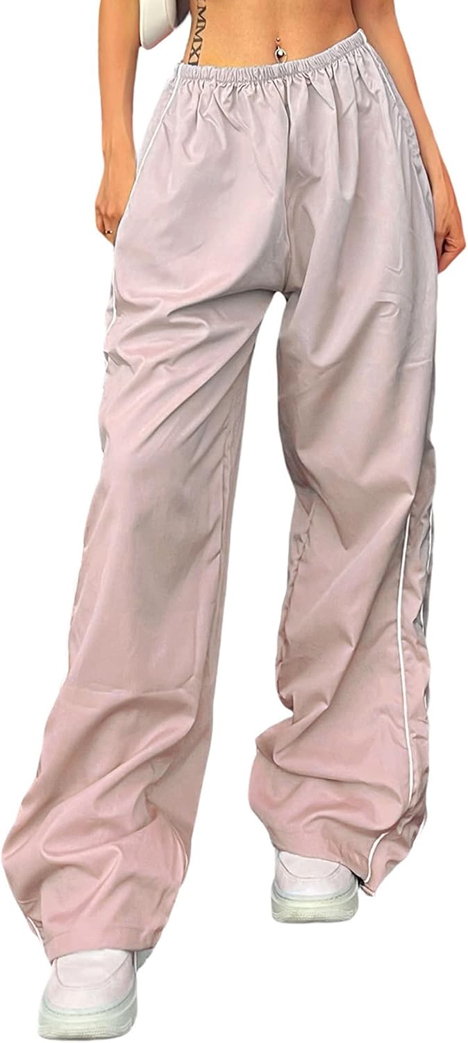 Women's Athletic Pants – Loose-Fit Parachute Pants – Y2K Style Trousers (Black, Size S)