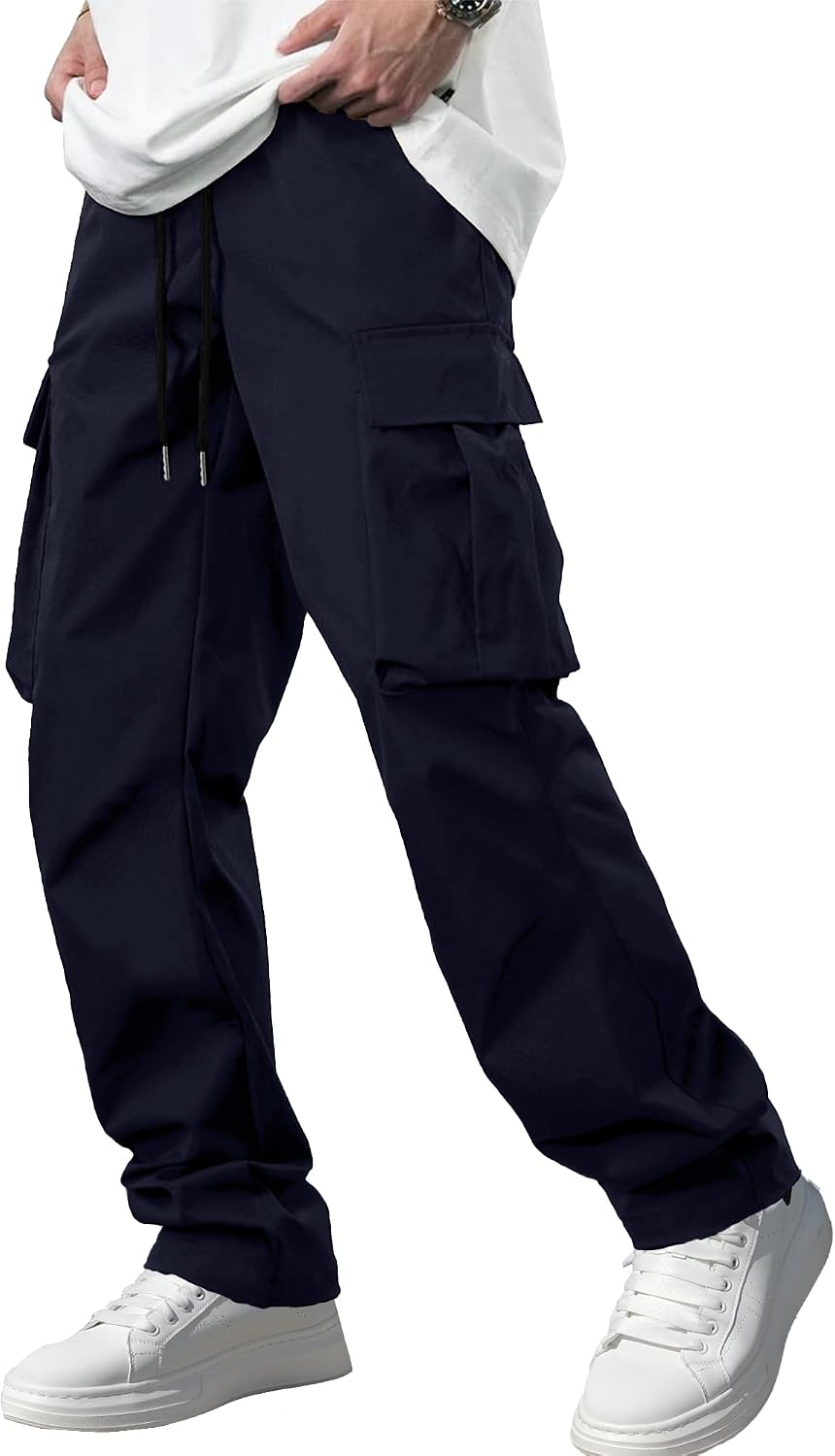 Men's Casual Cargo Pants / Joggers / Stretch Sweatpants (Multi-pocket design, Black)