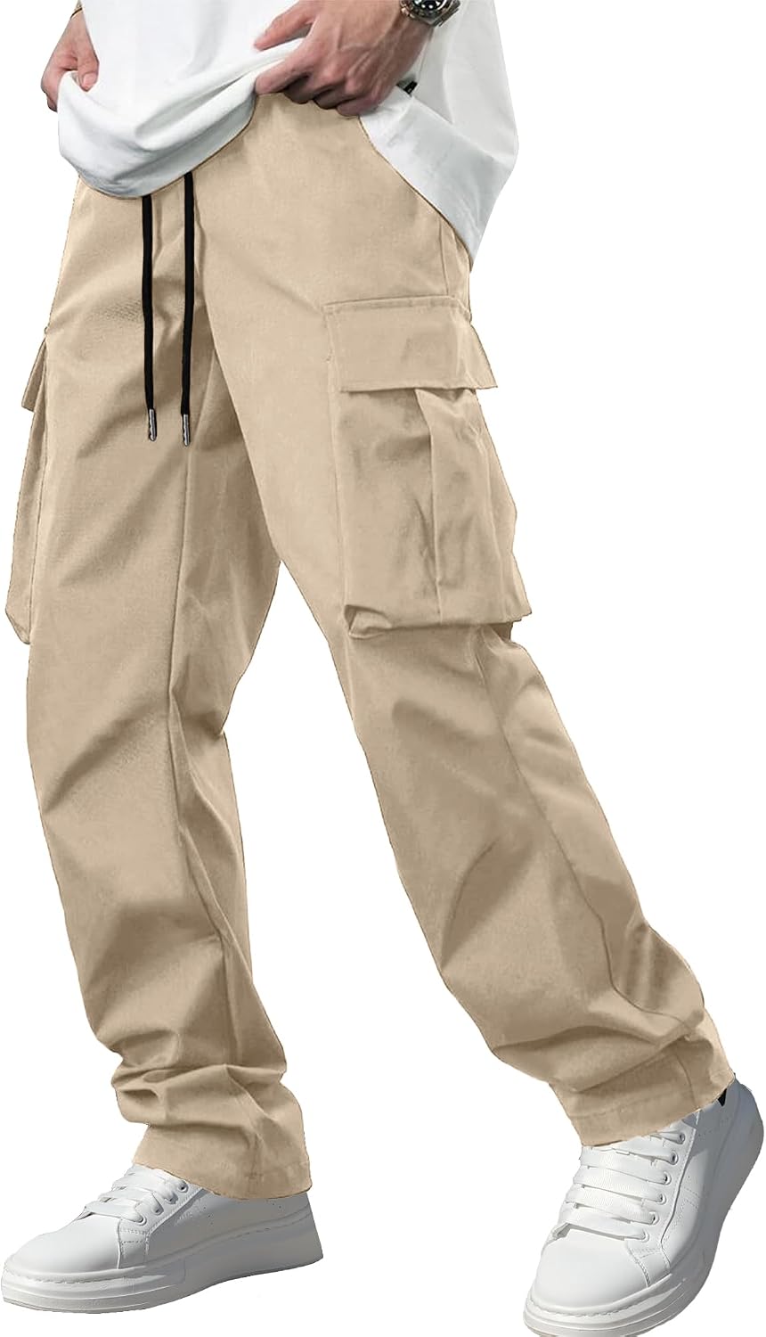 Men's Casual Cargo Pants / Joggers / Stretch Sweatpants (Multi-pocket design, Black)