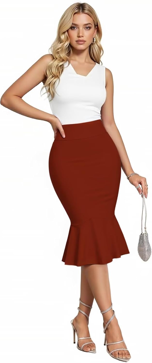 Women's Premium Nylon Stretch Ponte Fishtail Pencil Skirt for the Workplace