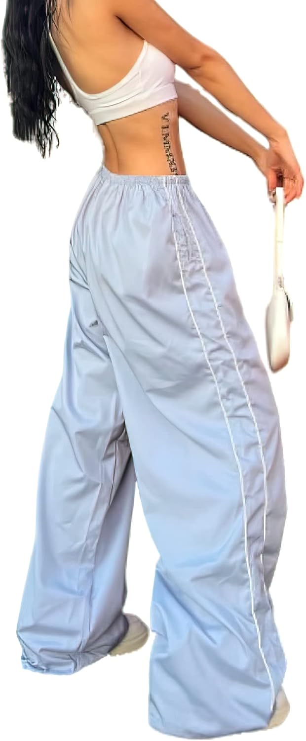 Women's Athletic Pants – Loose-Fit Parachute Pants – Y2K Style Trousers (Black, Size S)