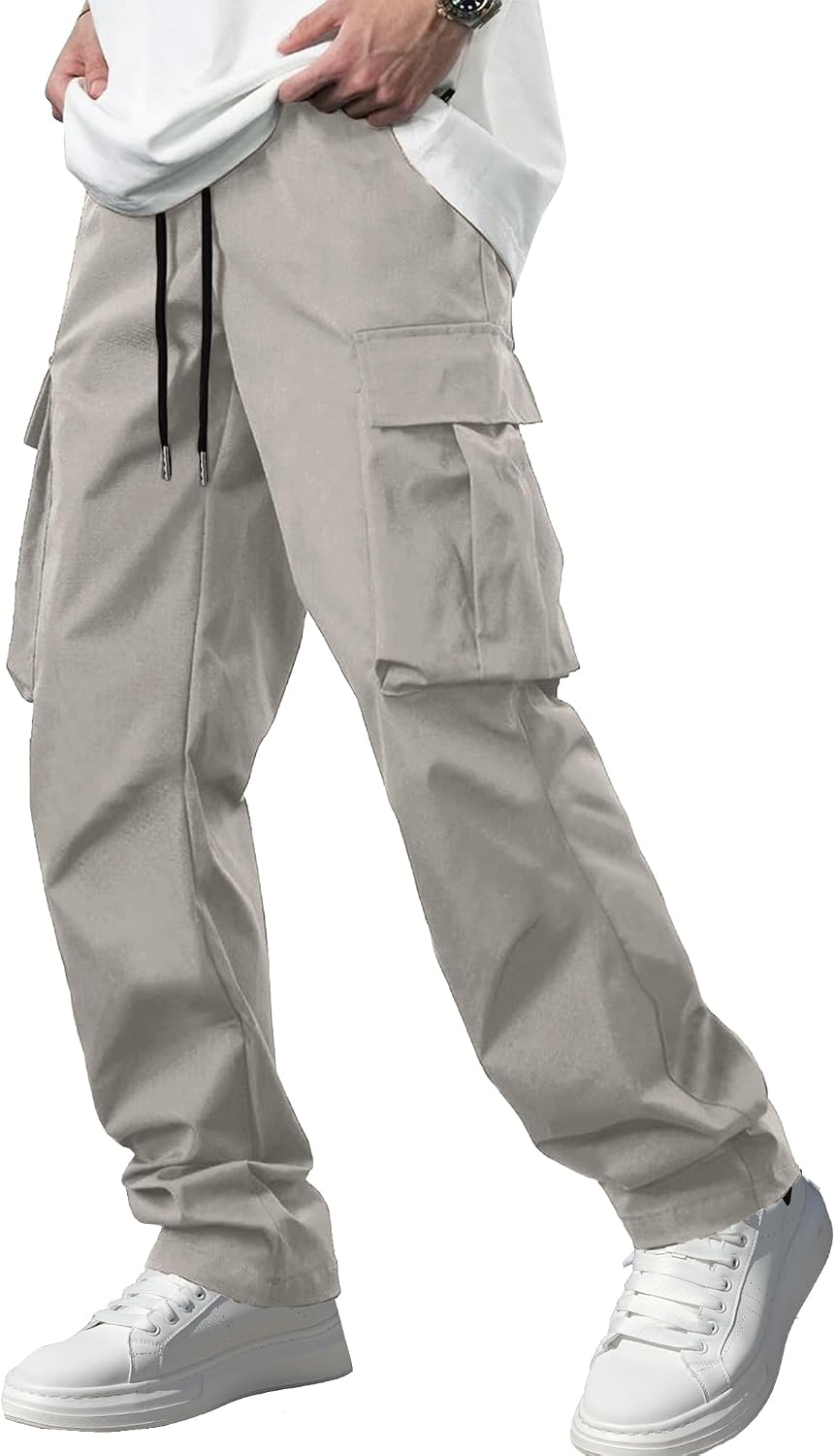 Men's Casual Cargo Pants / Joggers / Stretch Sweatpants (Multi-pocket design, Black)