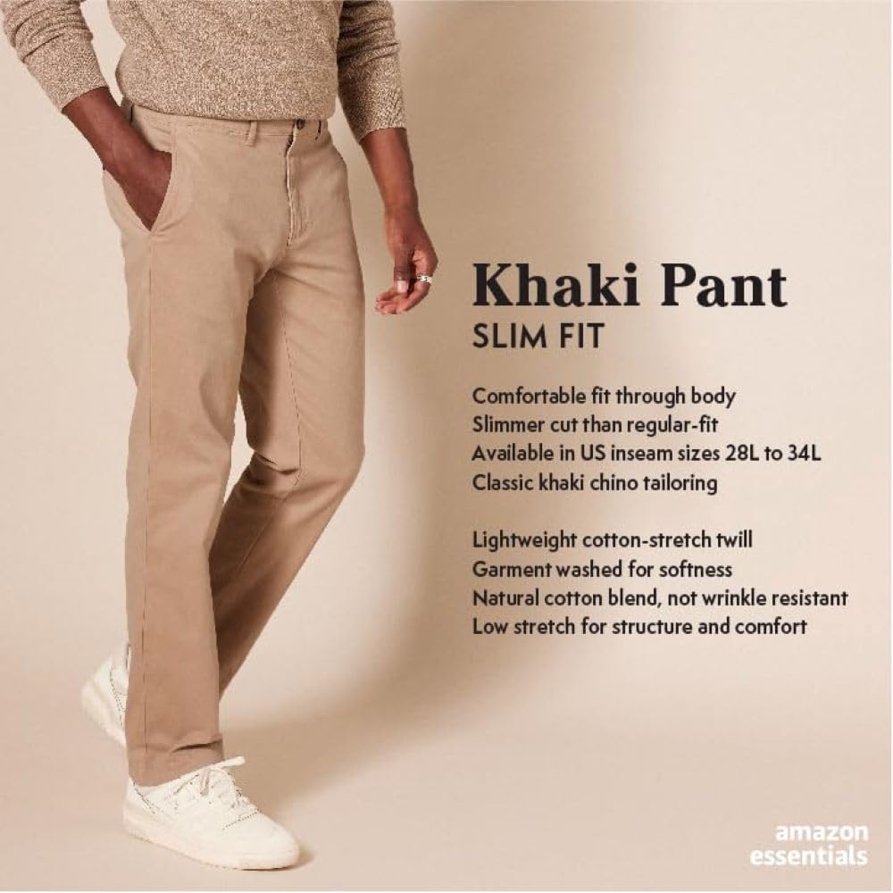 Men's Slim-Fit All-Weather Stretch Casual Chinos (Khaki, Size 34W x 32L)
