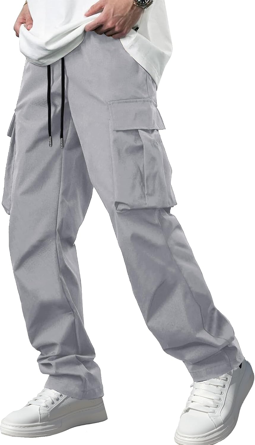 Men's Casual Cargo Pants / Joggers / Stretch Sweatpants (Multi-pocket design, Black)