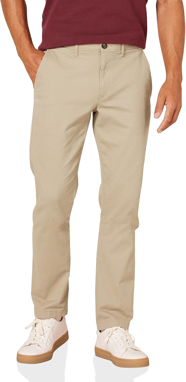 Men's Slim-Fit All-Weather Stretch Casual Chinos (Khaki, Size 34W x 32L)