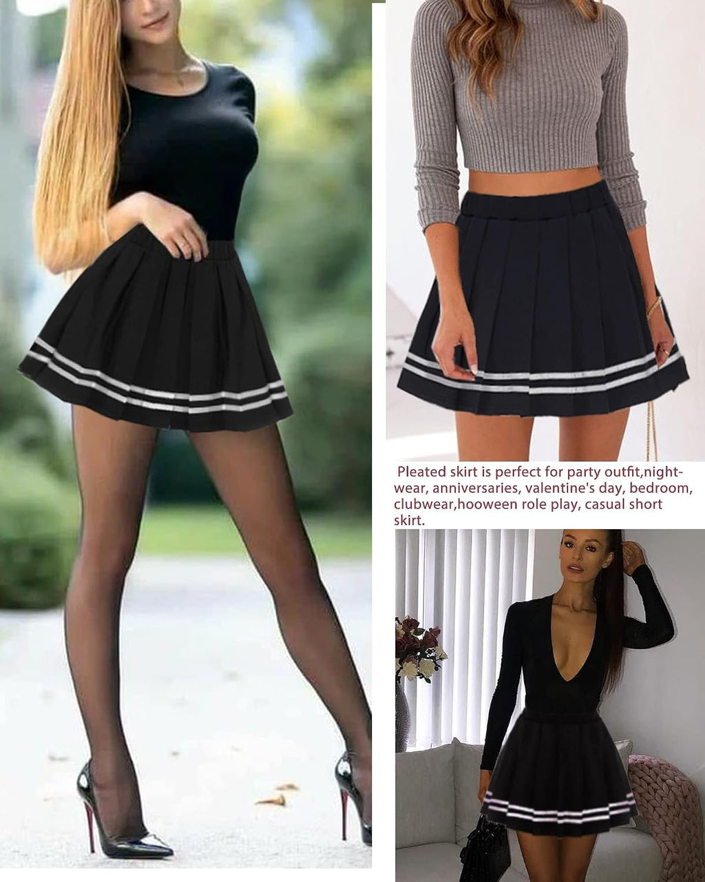 Black Pleated Mini Skirt / Preppy Style Short Skirt / High-Waisted Skater Skirt (Black, Size L)