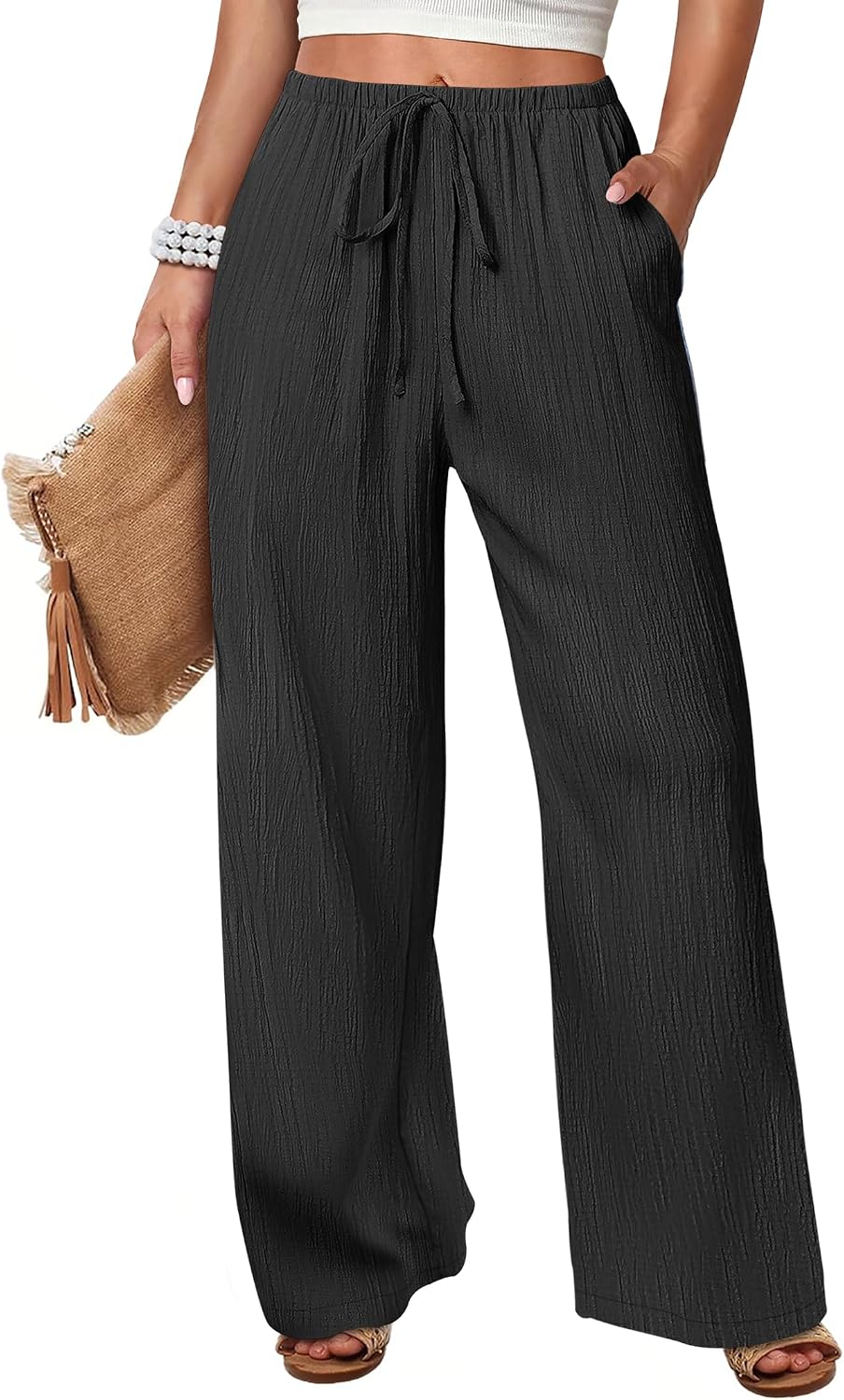 Women's Flowy Wide-Leg Beach Pants (Brown, Size L)