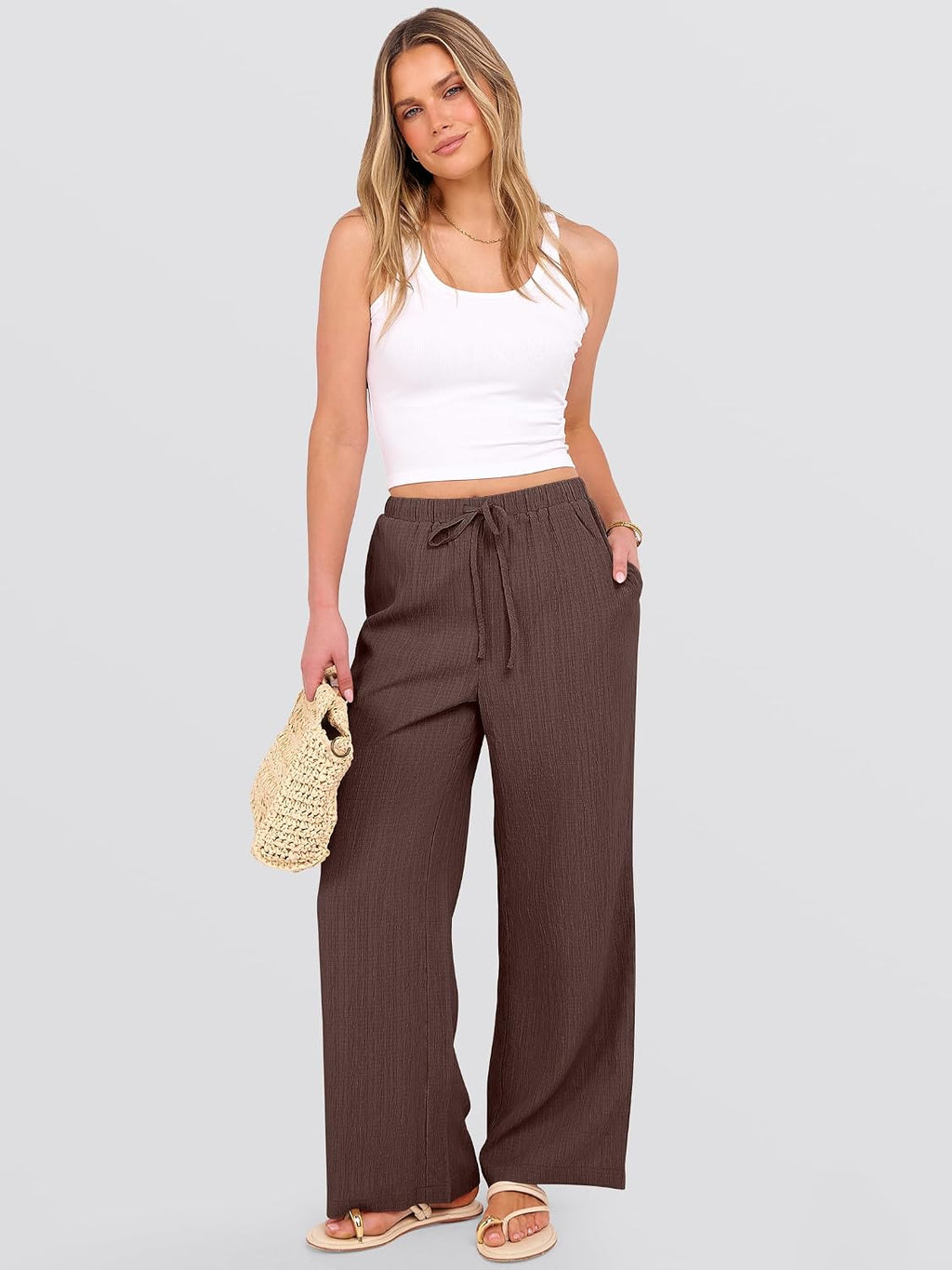 Women's Flowy Wide-Leg Beach Pants (Brown, Size L)