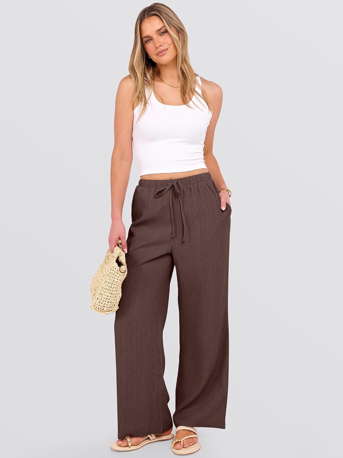 Women's Flowy Wide-Leg Beach Pants (Brown, Size L)