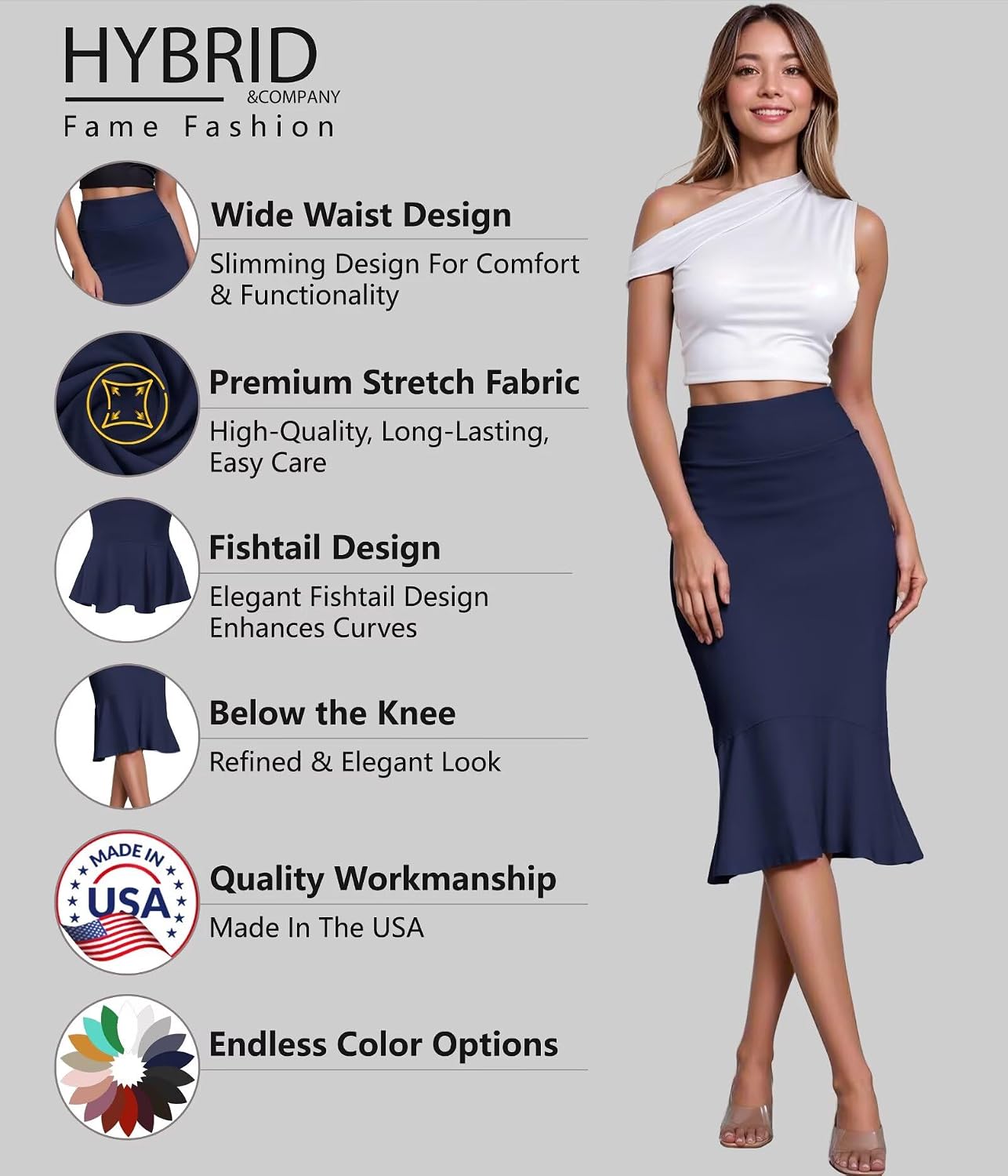 Women's Premium Nylon Stretch Ponte Fishtail Pencil Skirt for the Workplace
