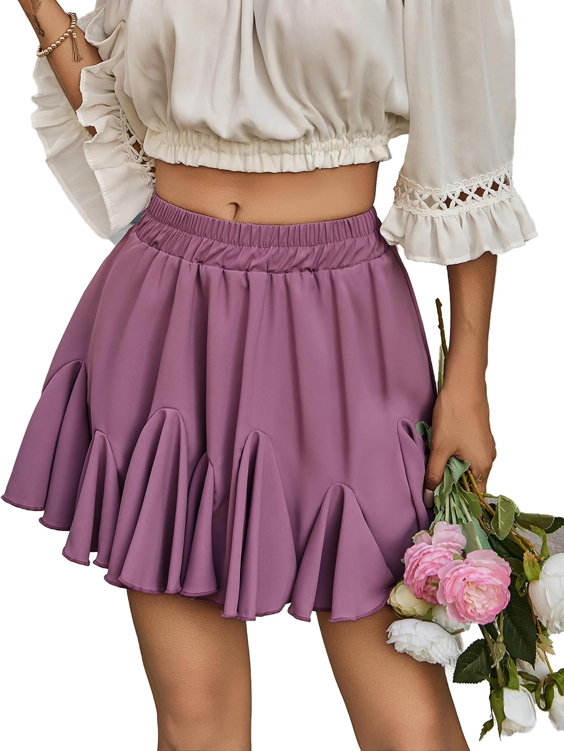 Women's White Ruffle-Hem Mini Skirt – High-Waisted Flared Skater Skirt