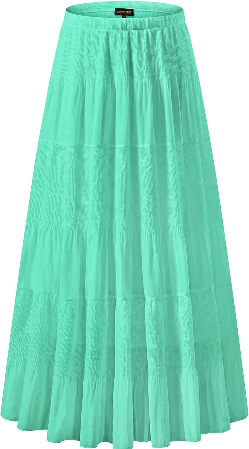 Women's Chiffon High-Waisted Pleated A-Line Maxi Skirt with Elastic Waist (Coffee Floral Print, Size M)