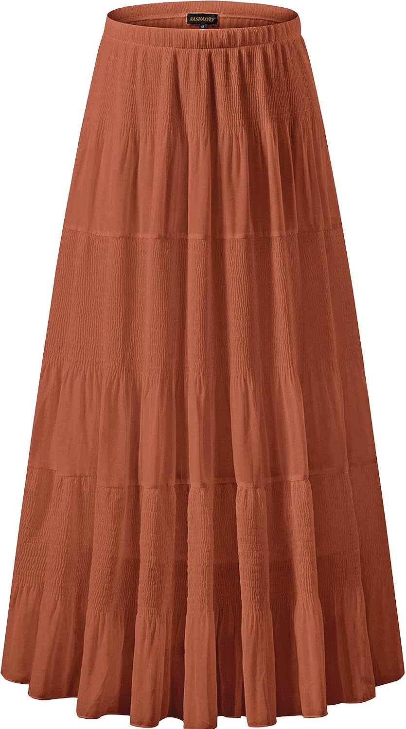 Women's Chiffon High-Waisted Pleated A-Line Maxi Skirt with Elastic Waist (Coffee Floral Print, Size M)