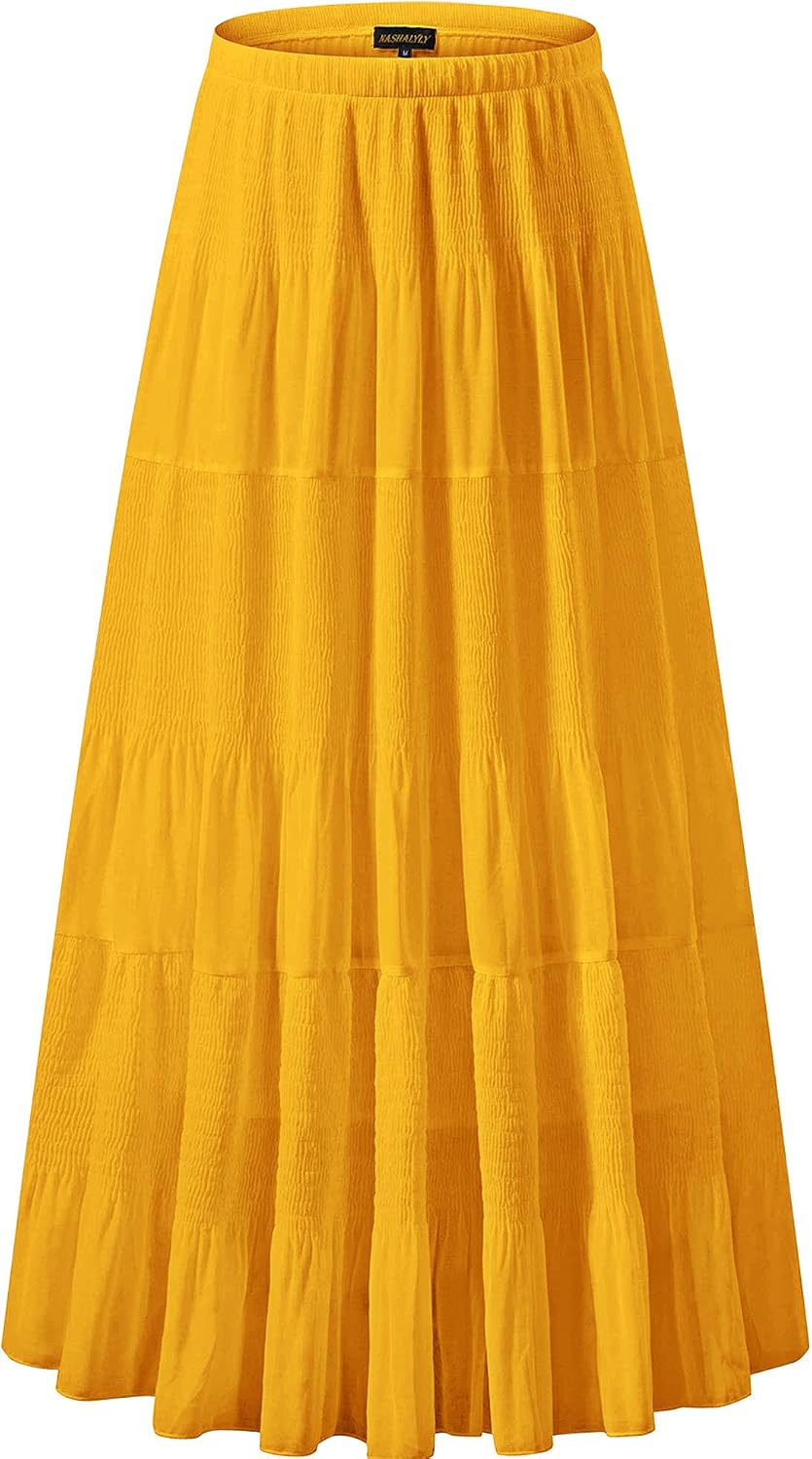 Women's Chiffon High-Waisted Pleated A-Line Maxi Skirt with Elastic Waist (Coffee Floral Print, Size M)