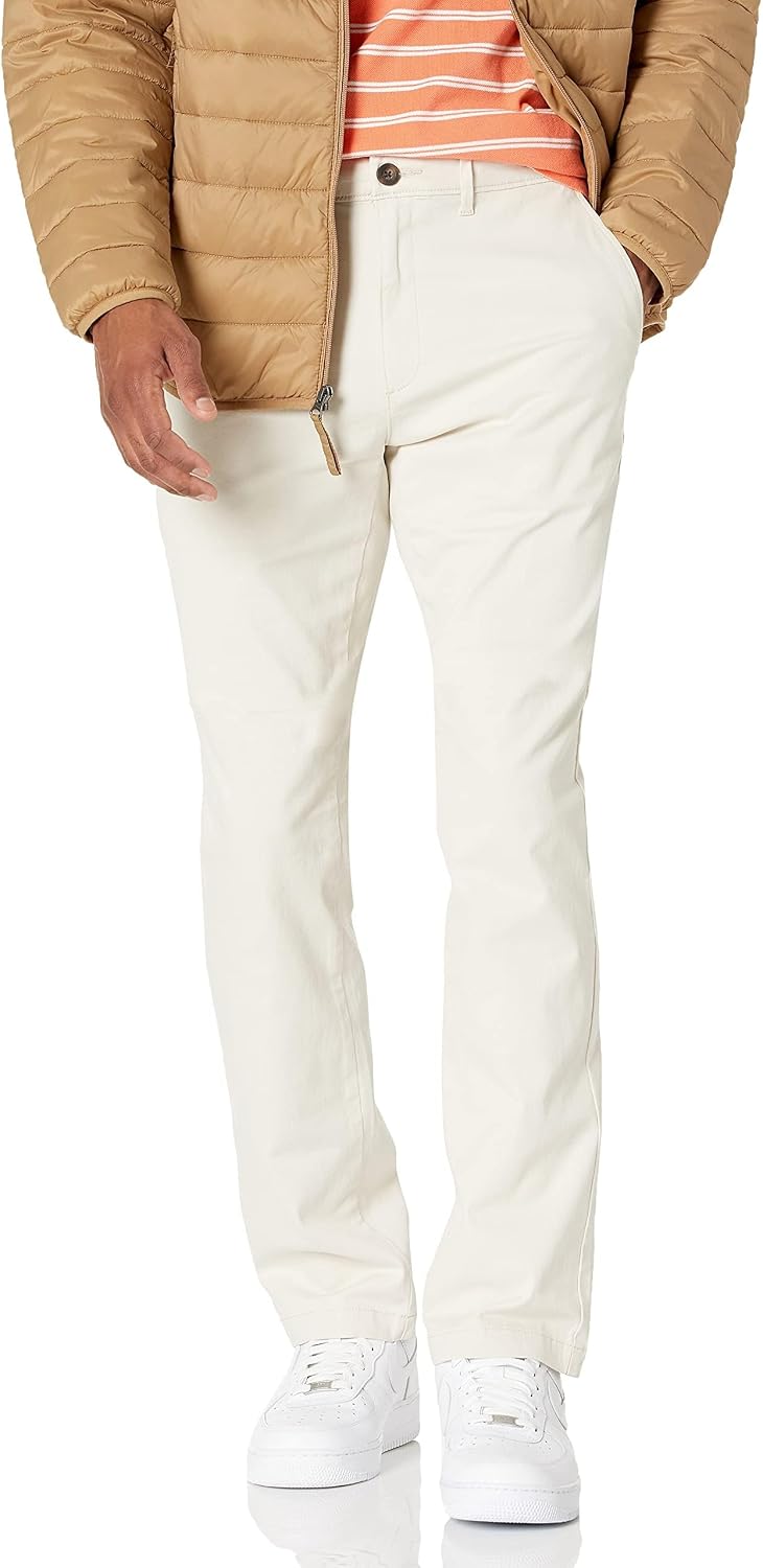 Men's Slim-Fit All-Weather Stretch Casual Chinos (Khaki, Size 34W x 32L)
