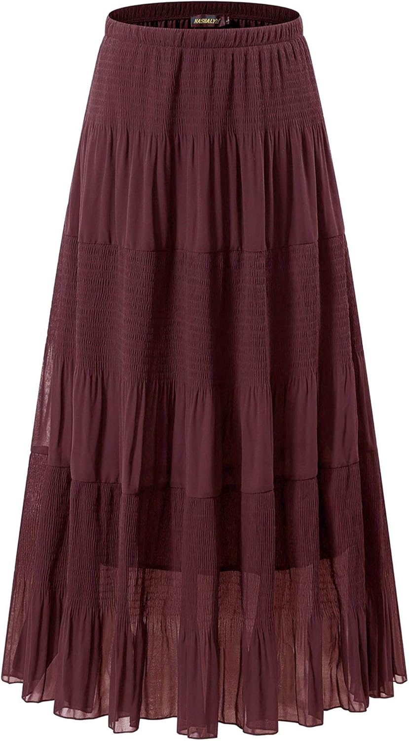 Women's Chiffon High-Waisted Pleated A-Line Maxi Skirt with Elastic Waist (Coffee Floral Print, Size M)