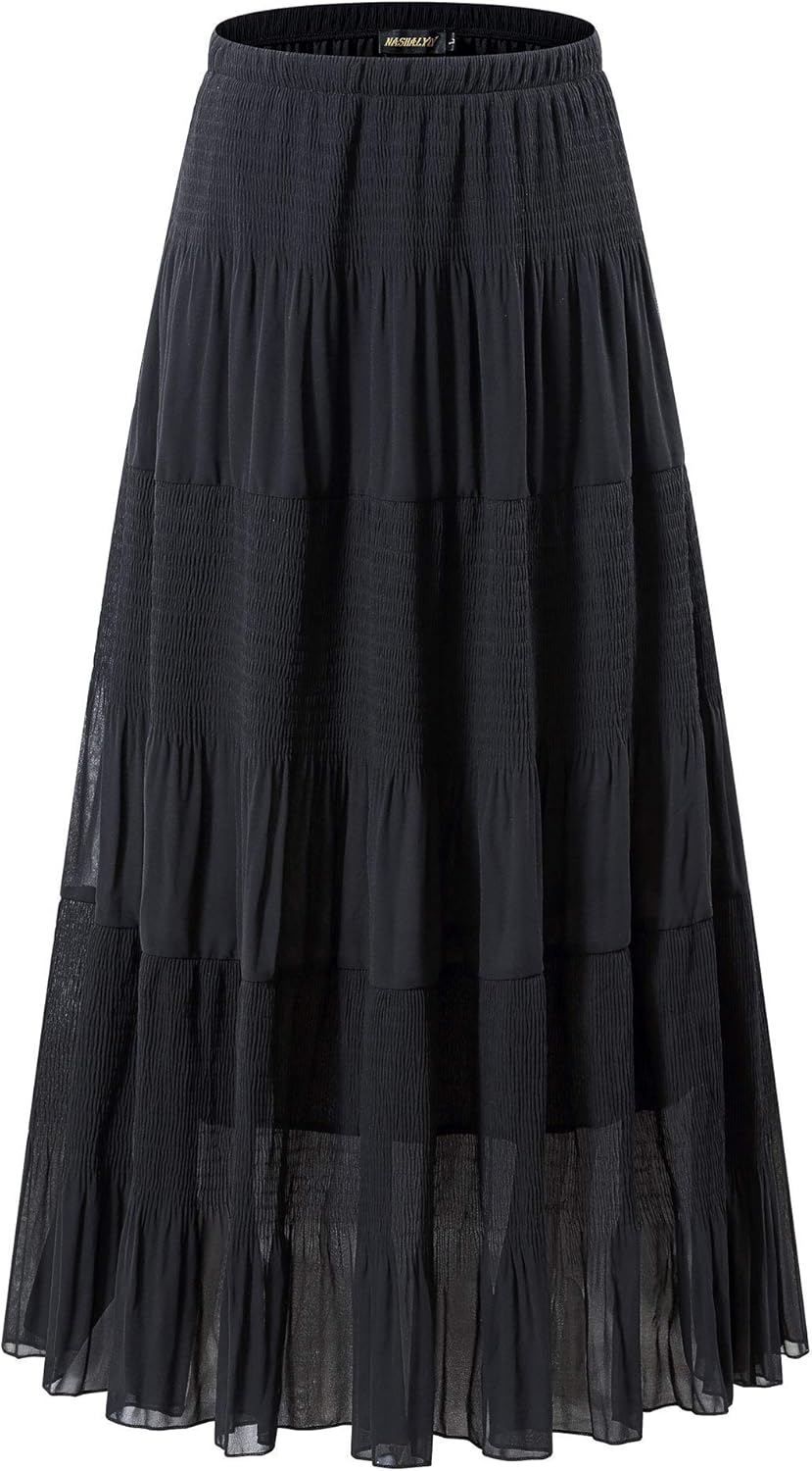 Women's Chiffon High-Waisted Pleated A-Line Maxi Skirt with Elastic Waist (Coffee Floral Print, Size M)