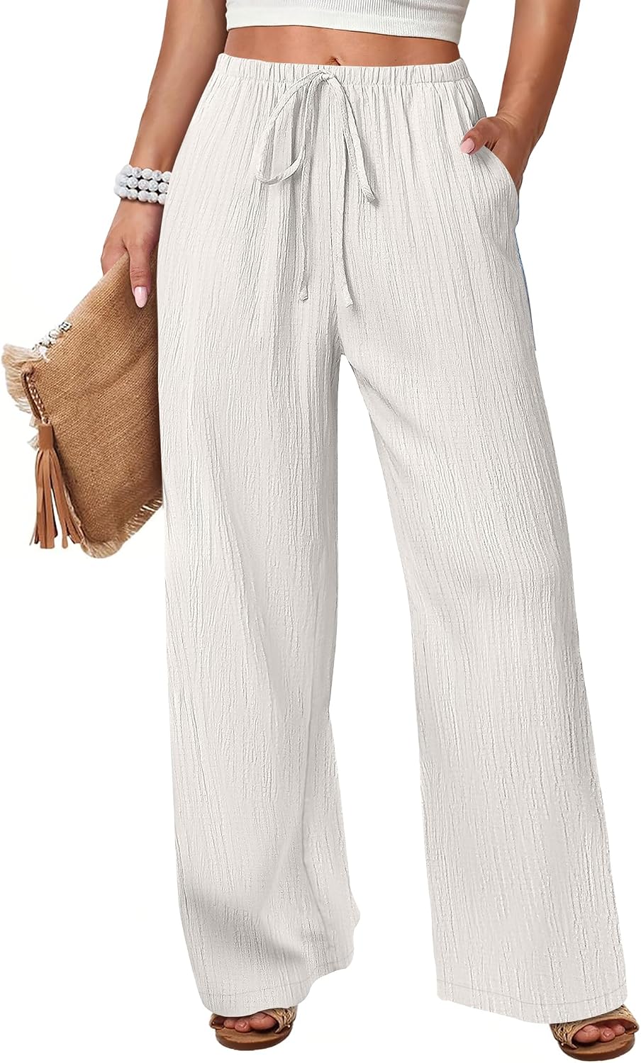 Women's Flowy Wide-Leg Beach Pants (Brown, Size L)