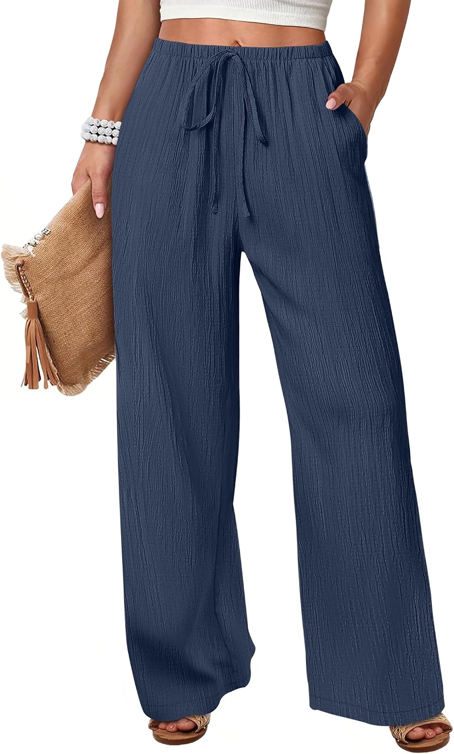 Women's Flowy Wide-Leg Beach Pants (Brown, Size L)
