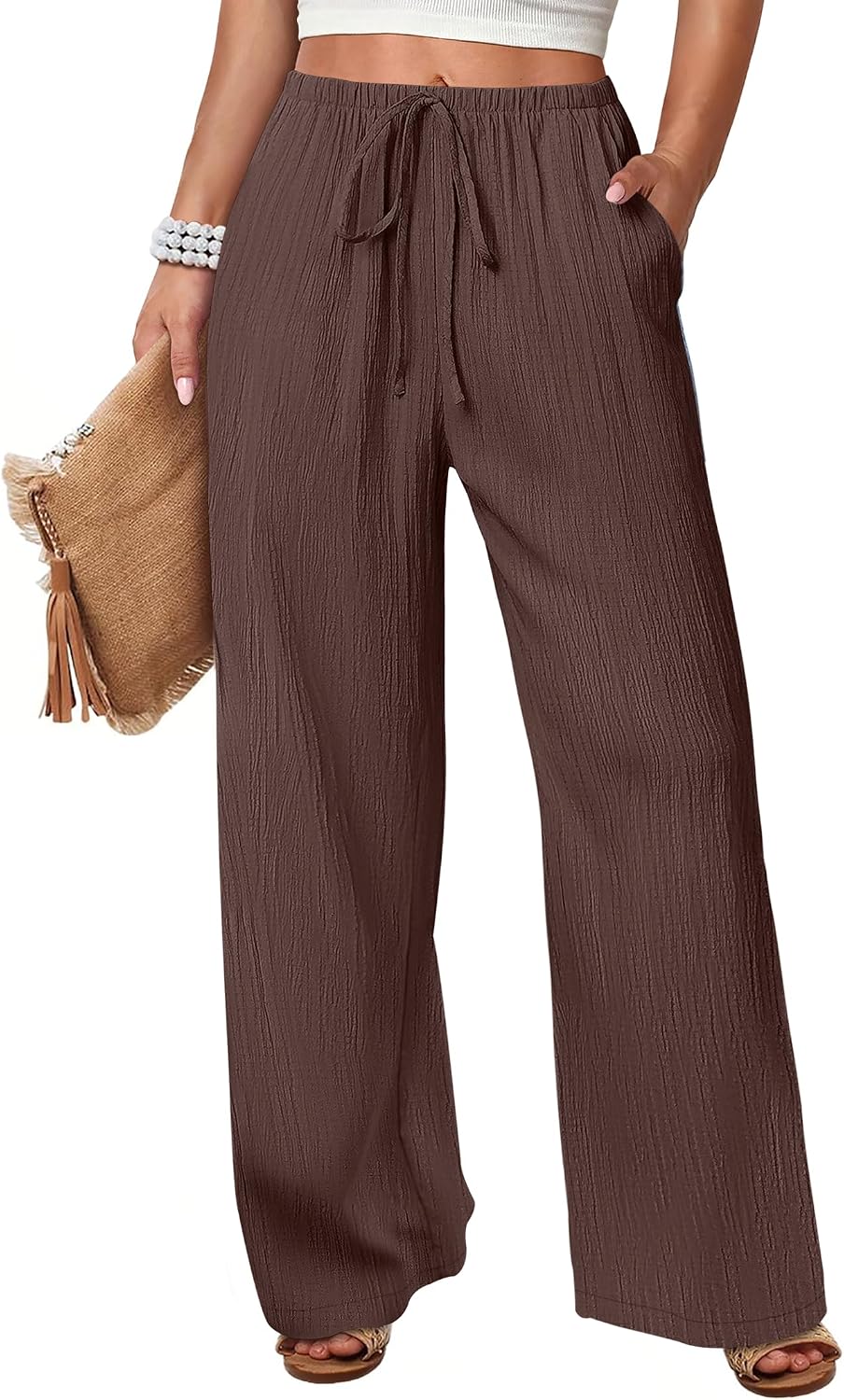 Women's Flowy Wide-Leg Beach Pants (Brown, Size L)