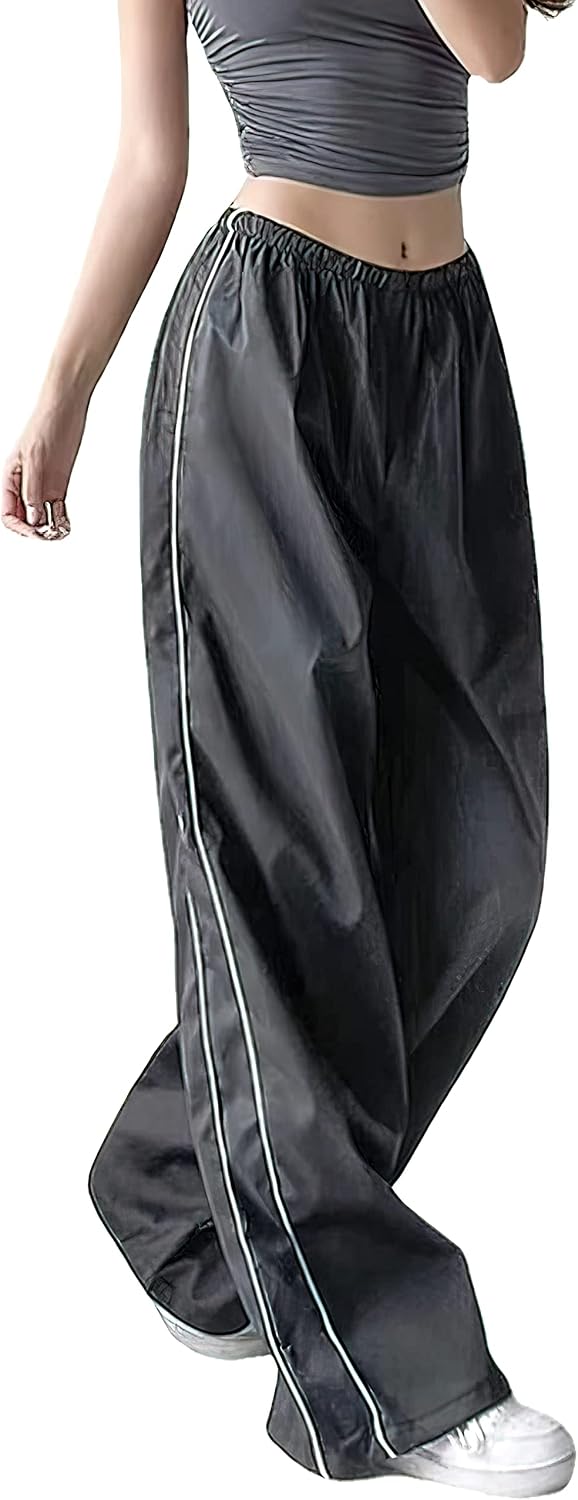 Women's Athletic Pants – Loose-Fit Parachute Pants – Y2K Style Trousers (Black, Size S)