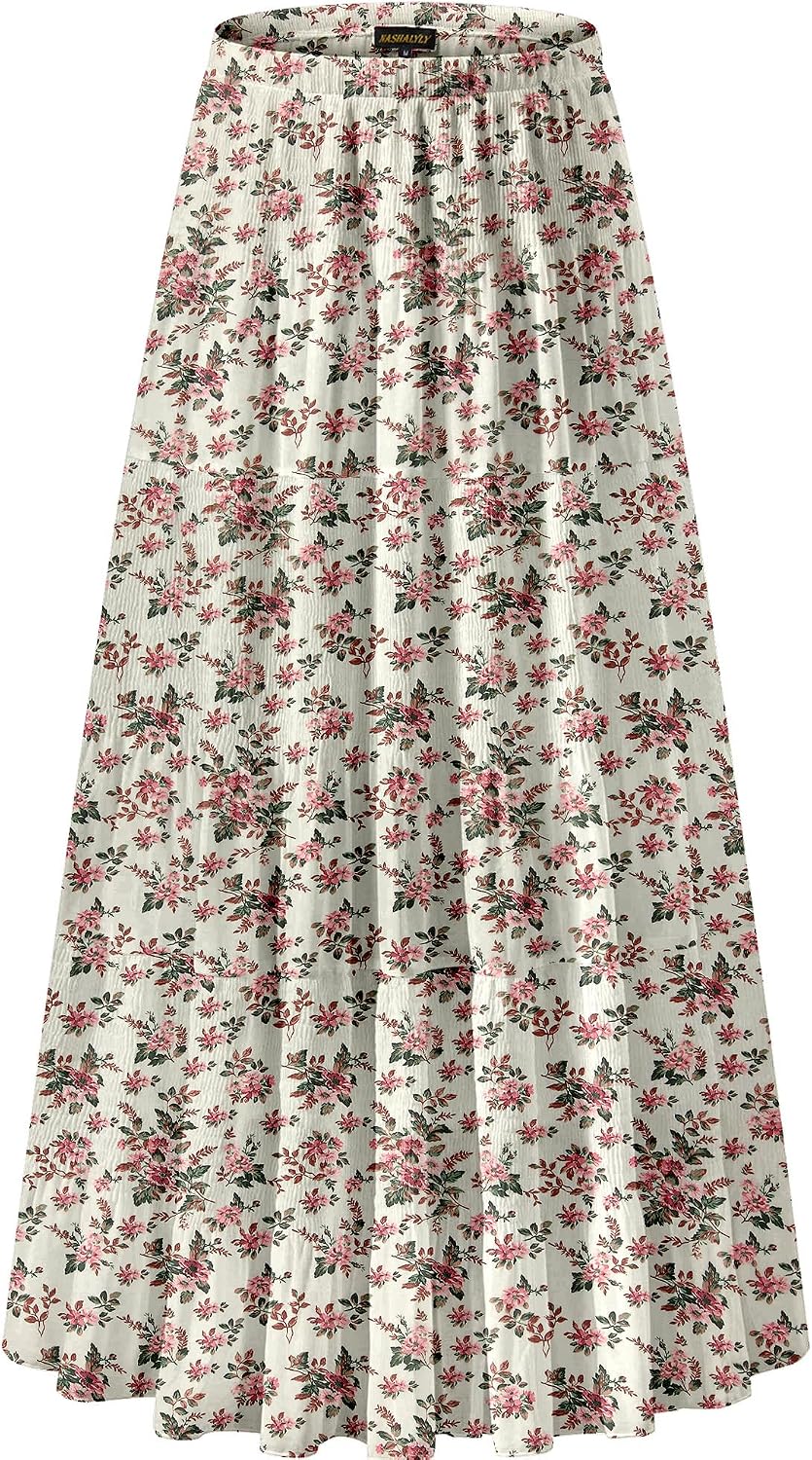 Women's Chiffon High-Waisted Pleated A-Line Maxi Skirt with Elastic Waist (Coffee Floral Print, Size M)