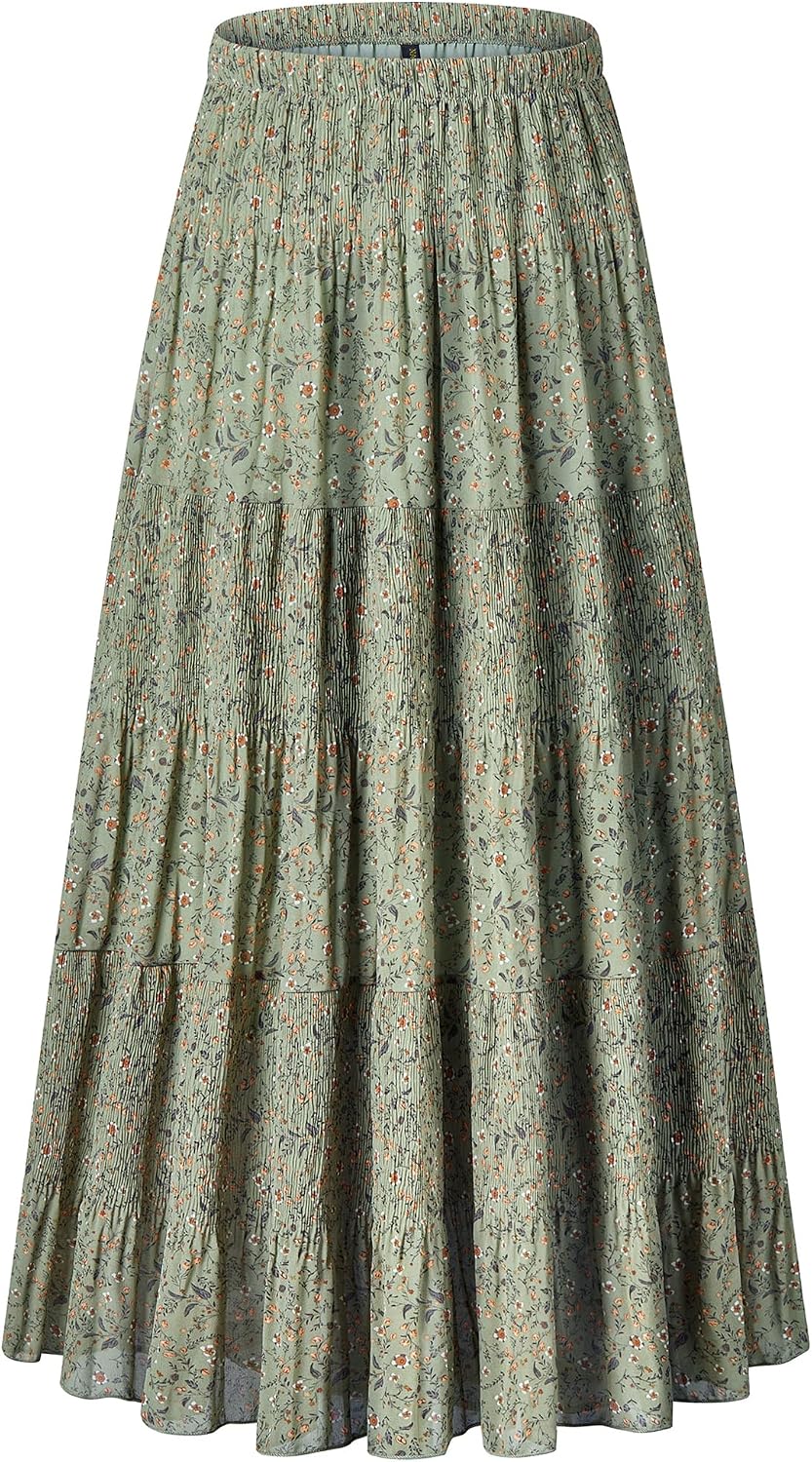 Women's Chiffon High-Waisted Pleated A-Line Maxi Skirt with Elastic Waist (Coffee Floral Print, Size M)