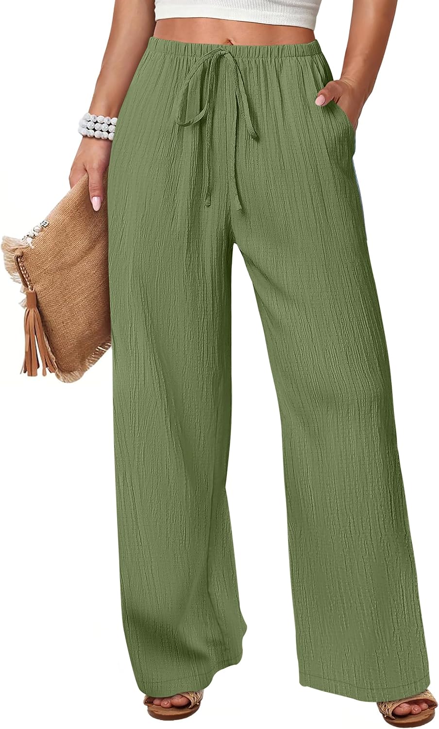 Women's Flowy Wide-Leg Beach Pants (Brown, Size L)