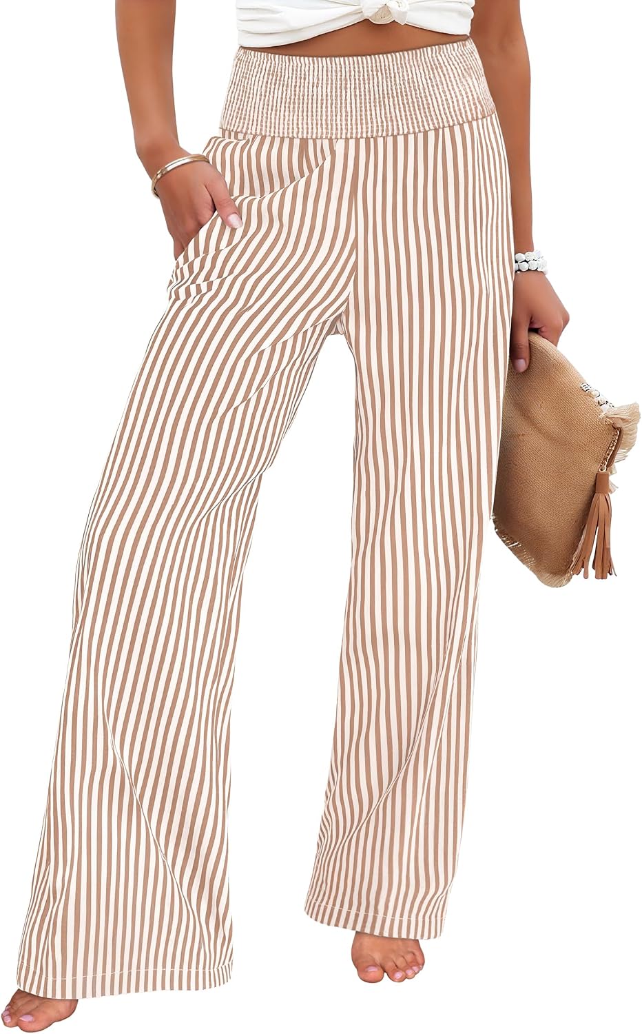 Women's wide-leg trousers—striped and checked styles that are both cute and comfortable.