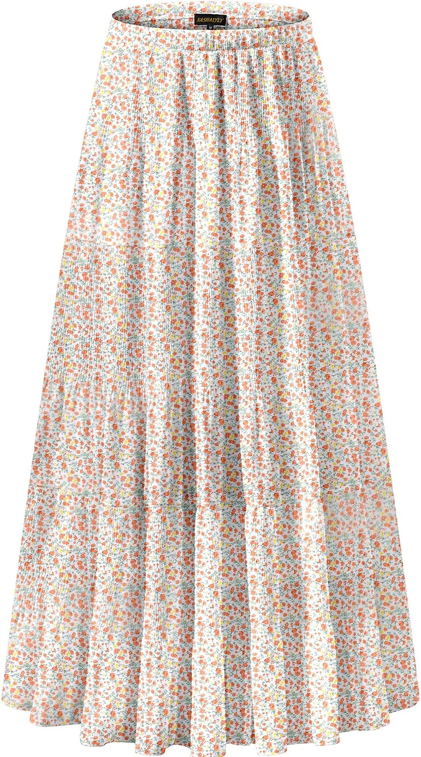 Women's Chiffon High-Waisted Pleated A-Line Maxi Skirt with Elastic Waist (Coffee Floral Print, Size M)