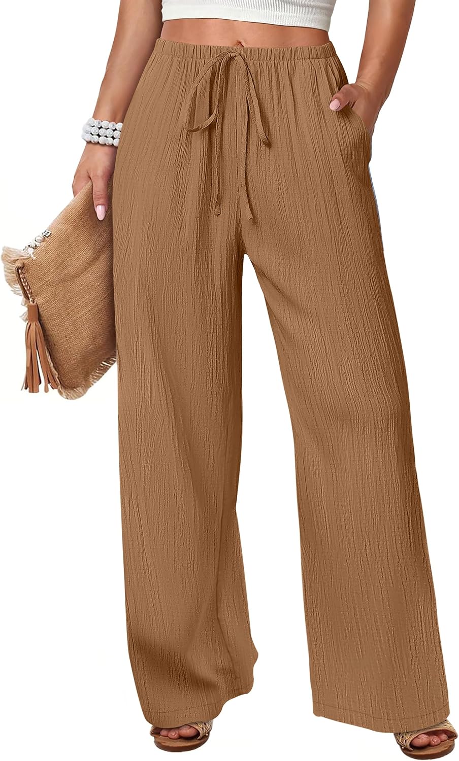 Women's Flowy Wide-Leg Beach Pants (Brown, Size L)