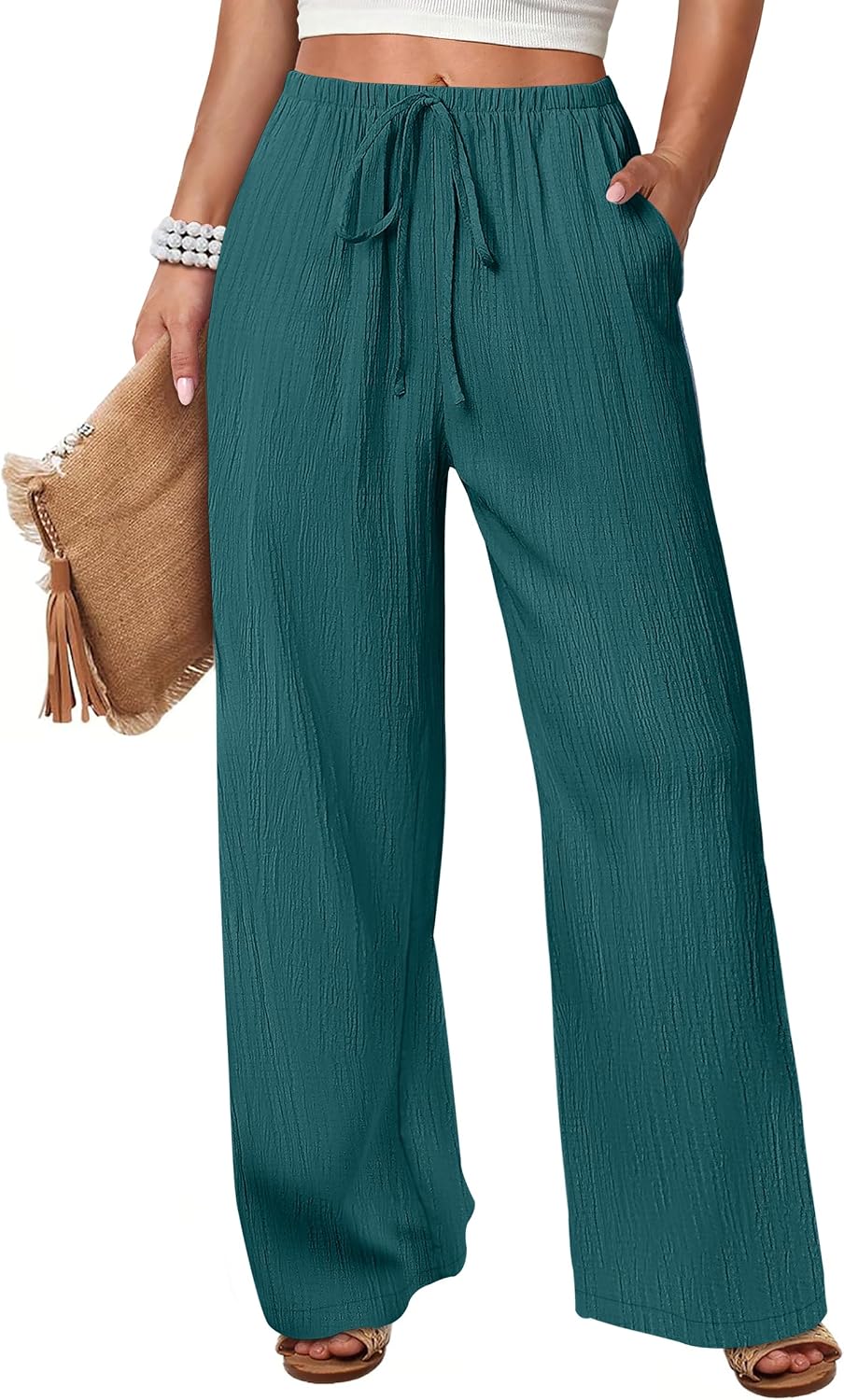 Women's Flowy Wide-Leg Beach Pants (Brown, Size L)