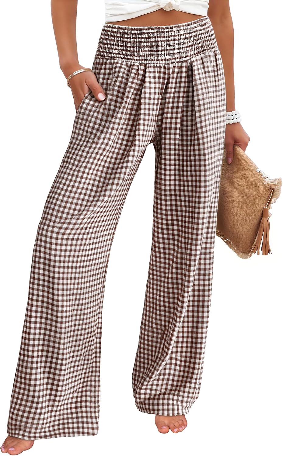 Women's wide-leg trousers—striped and checked styles that are both cute and comfortable.