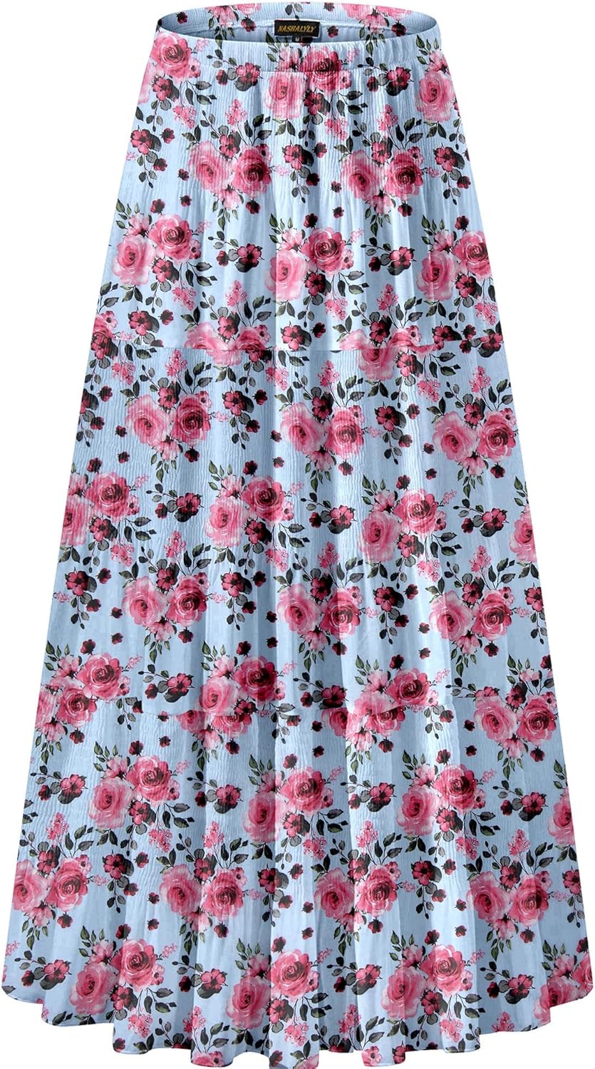 Women's Chiffon High-Waisted Pleated A-Line Maxi Skirt with Elastic Waist (Coffee Floral Print, Size M)