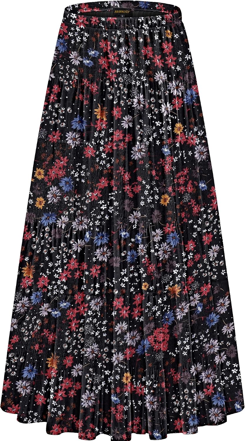Women's Chiffon High-Waisted Pleated A-Line Maxi Skirt with Elastic Waist (Coffee Floral Print, Size M)