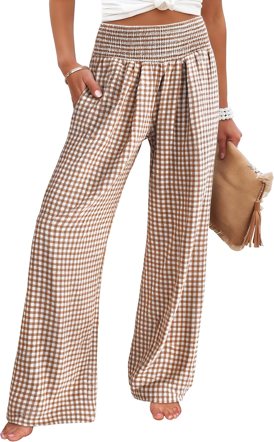 Women's wide-leg trousers—striped and checked styles that are both cute and comfortable.