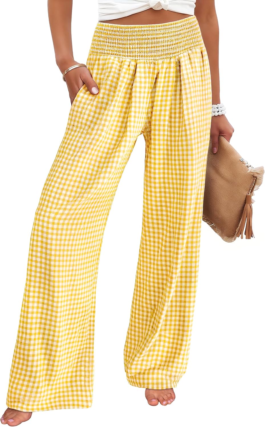 Women's wide-leg trousers—striped and checked styles that are both cute and comfortable.