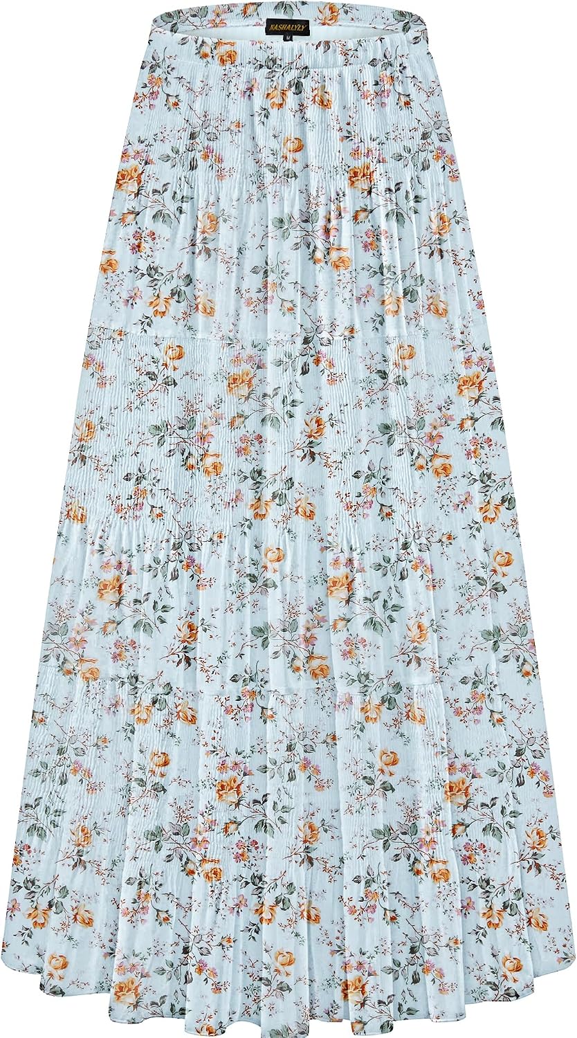 Women's Chiffon High-Waisted Pleated A-Line Maxi Skirt with Elastic Waist (Coffee Floral Print, Size M)