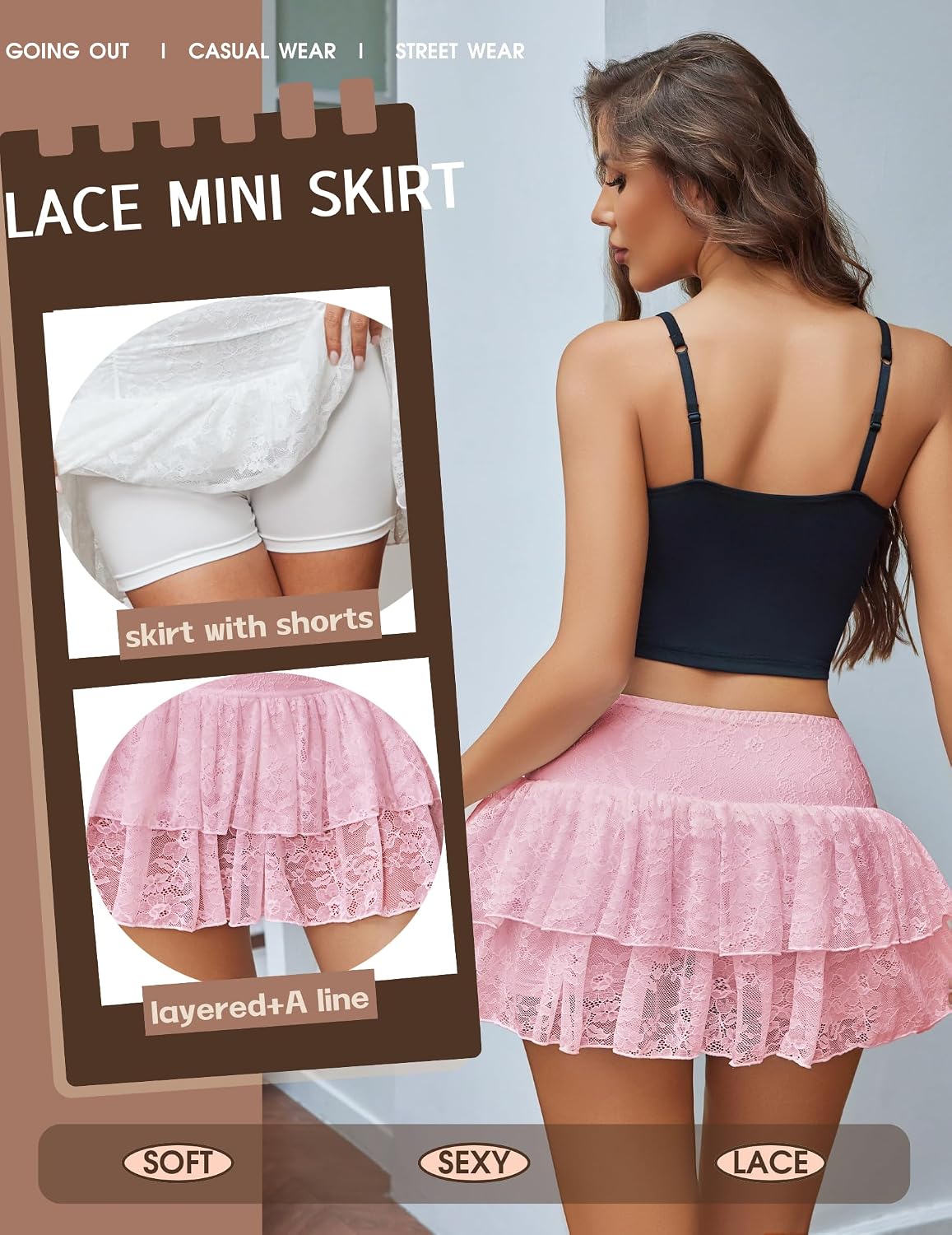 Women's Y2K-style high-waisted ruffled mini skirt/skort with lace layering