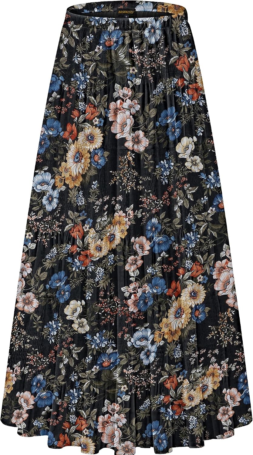 Women's Chiffon High-Waisted Pleated A-Line Maxi Skirt with Elastic Waist (Coffee Floral Print, Size M)
