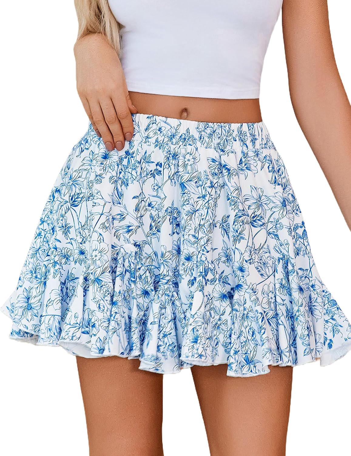 Women's White Ruffle-Hem Mini Skirt – High-Waisted Flared Skater Skirt