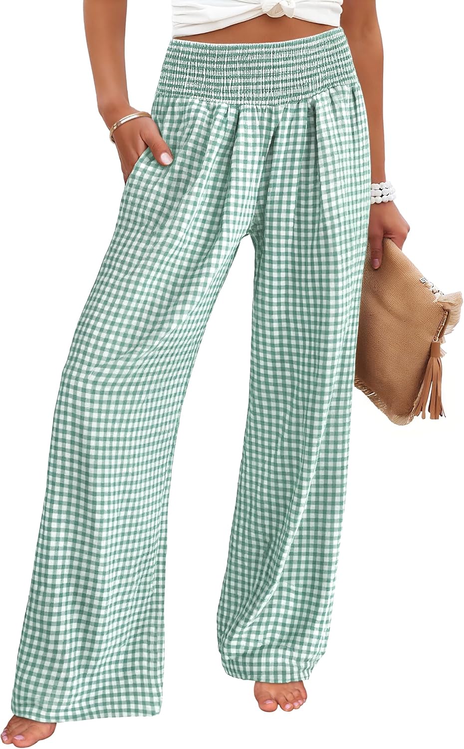 Women's wide-leg trousers—striped and checked styles that are both cute and comfortable.
