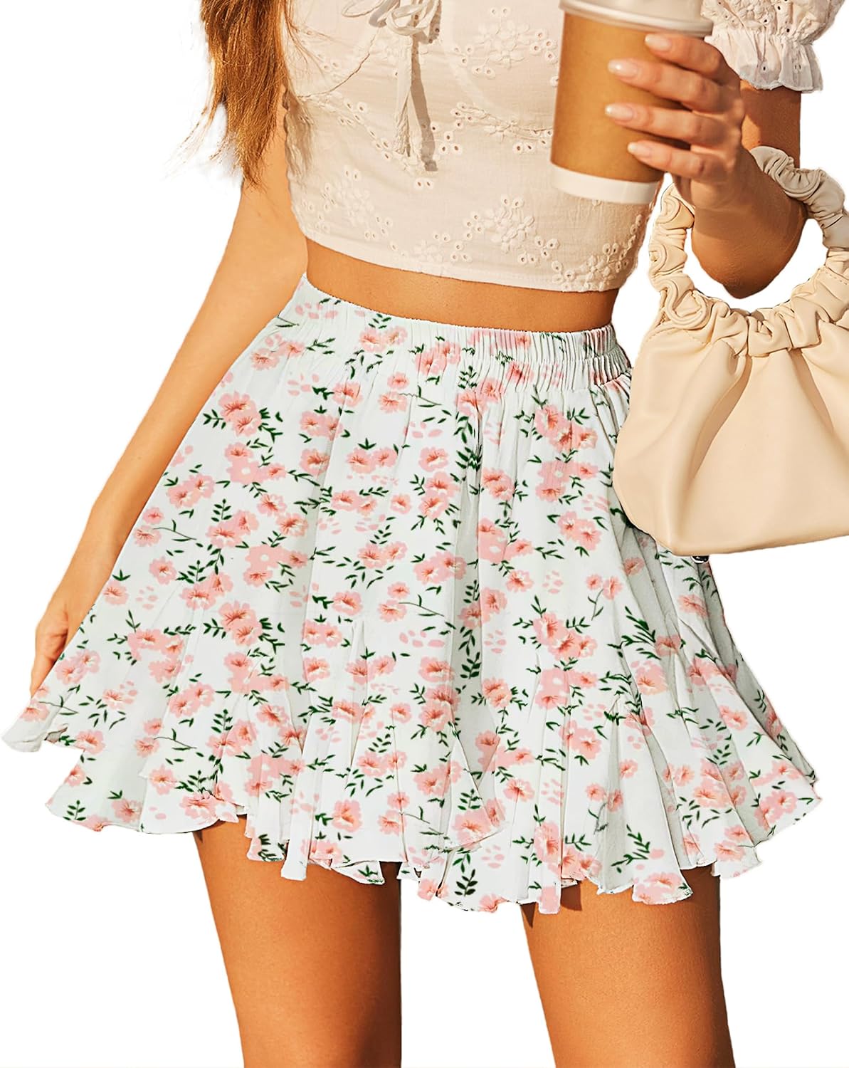 Women's White Ruffle-Hem Mini Skirt – High-Waisted Flared Skater Skirt